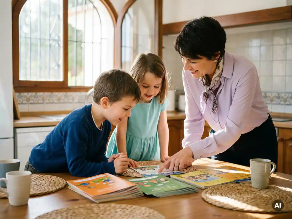 Two children reviewing colorful school brochures at a sunlit kitchen table with an HR professional offering guidance nearby.