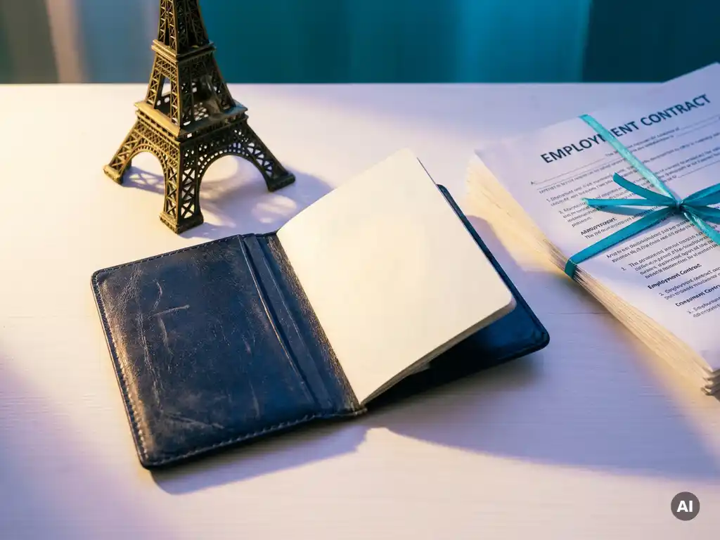 Worn leather passport open to a blank visa page beside an Eiffel Tower figurine and folded employment contract on a white desk.