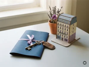 Parisian apartment key on folded relocation document beside a French townhouse model and fresh lavender sprig.